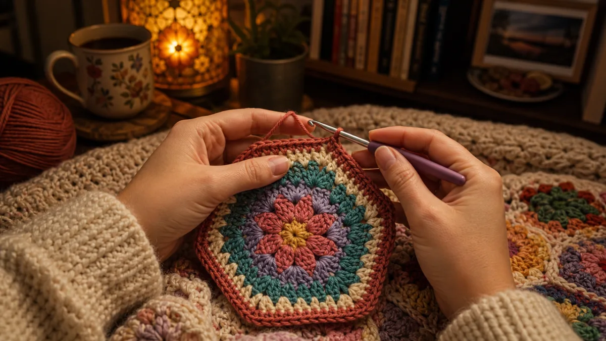 hands crocheting a colorful hexagon motif on a cozy blanket, soft warm…