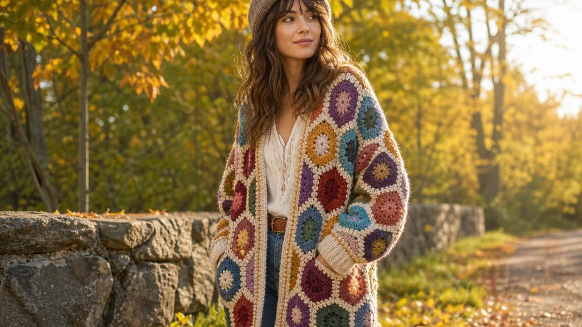 woman wearing an oversized colorful hexagon crochet cardigan outdoors, soft golden hour…