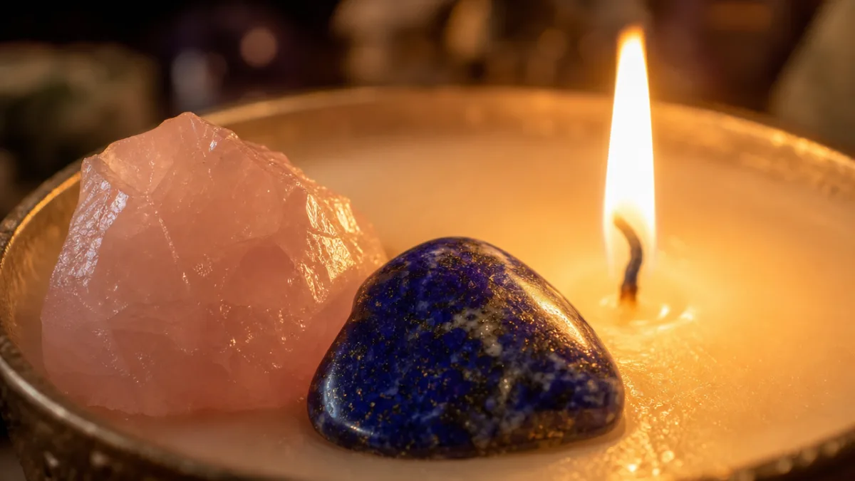 a close-up of rose quartz and lapis lazuli crystals resting on a…