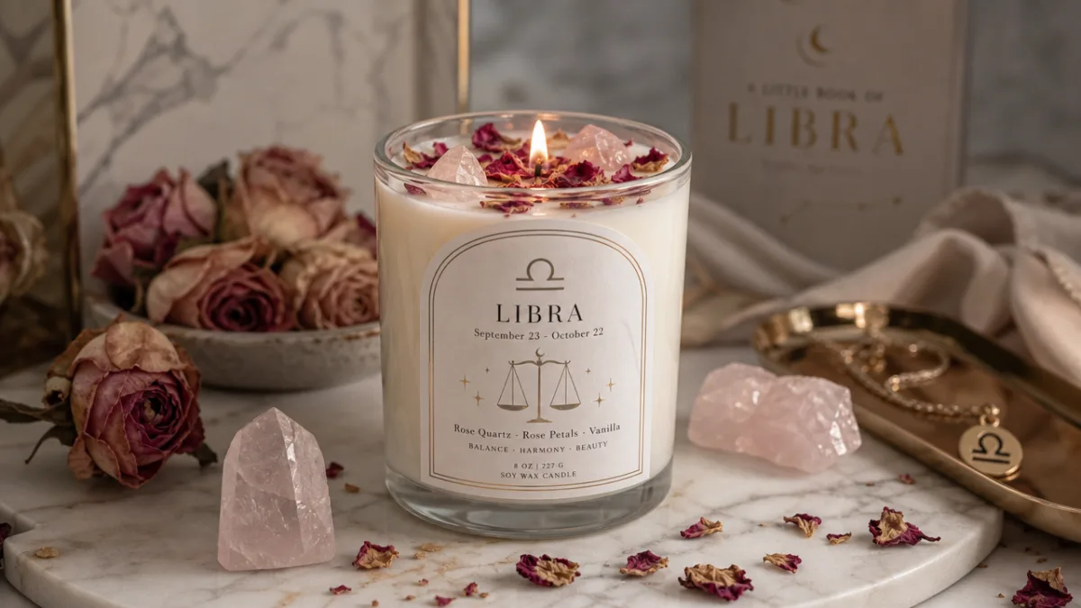 a beautifully styled Libra zodiac candle with dried rose petals and crystals…