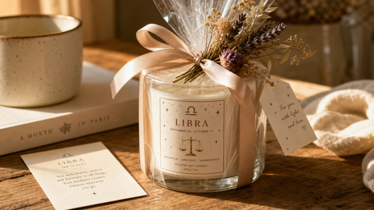 a wrapped Libra zodiac candle gift with ribbon and dried flowers on…