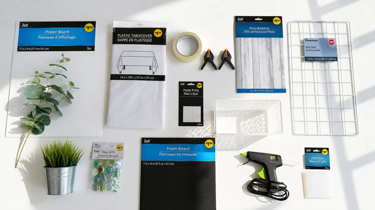 a flat lay of dollar store photography supplies on a white table,…