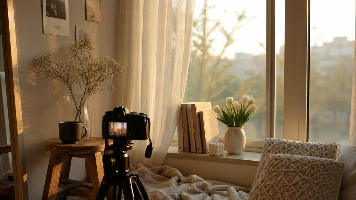 a cozy window corner photoshoot setup with soft golden hour light streaming…
