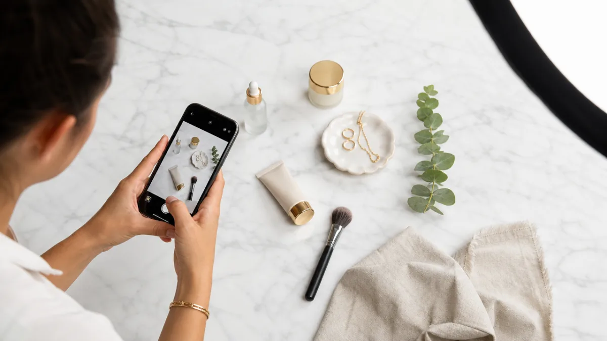 a person photographing a flat lay arrangement on white marble with a…