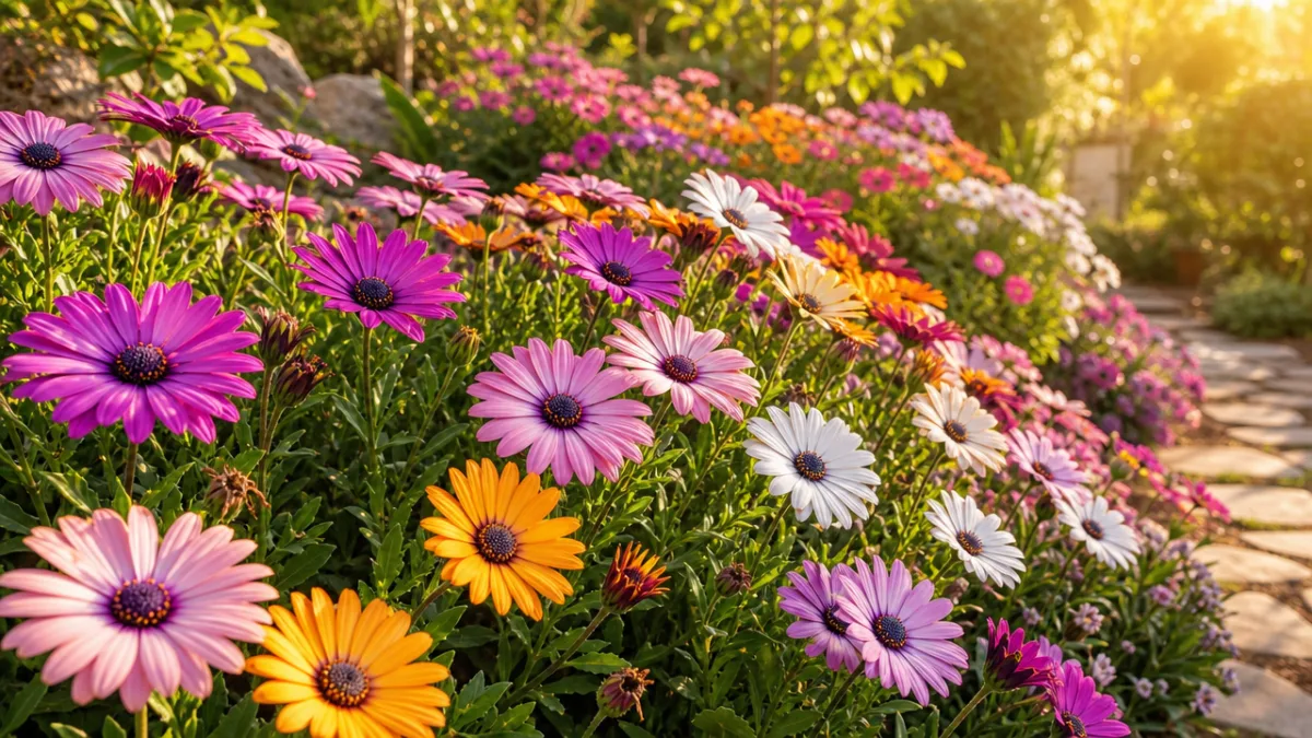 a sun-drenched garden border filled with colorful African daisies in full bloom,…