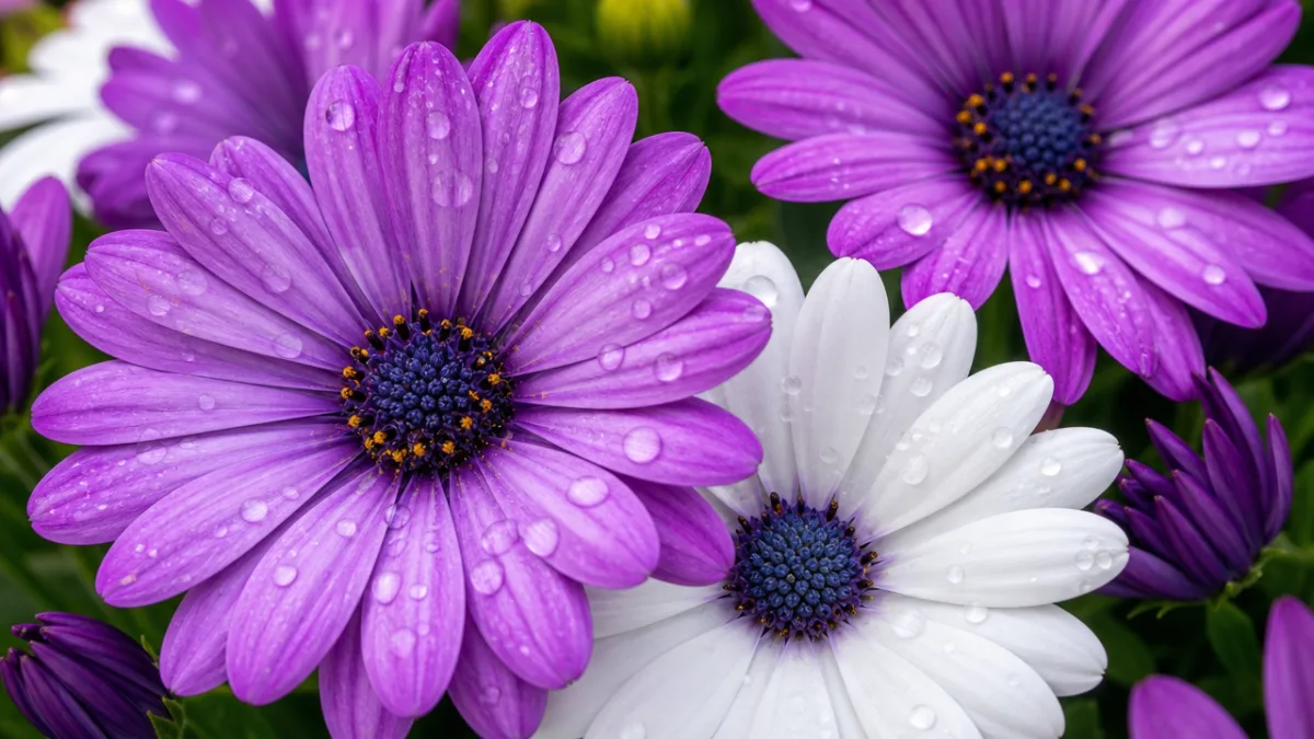 close-up of vibrant purple and white osteospermum flowers with water droplets, soft…