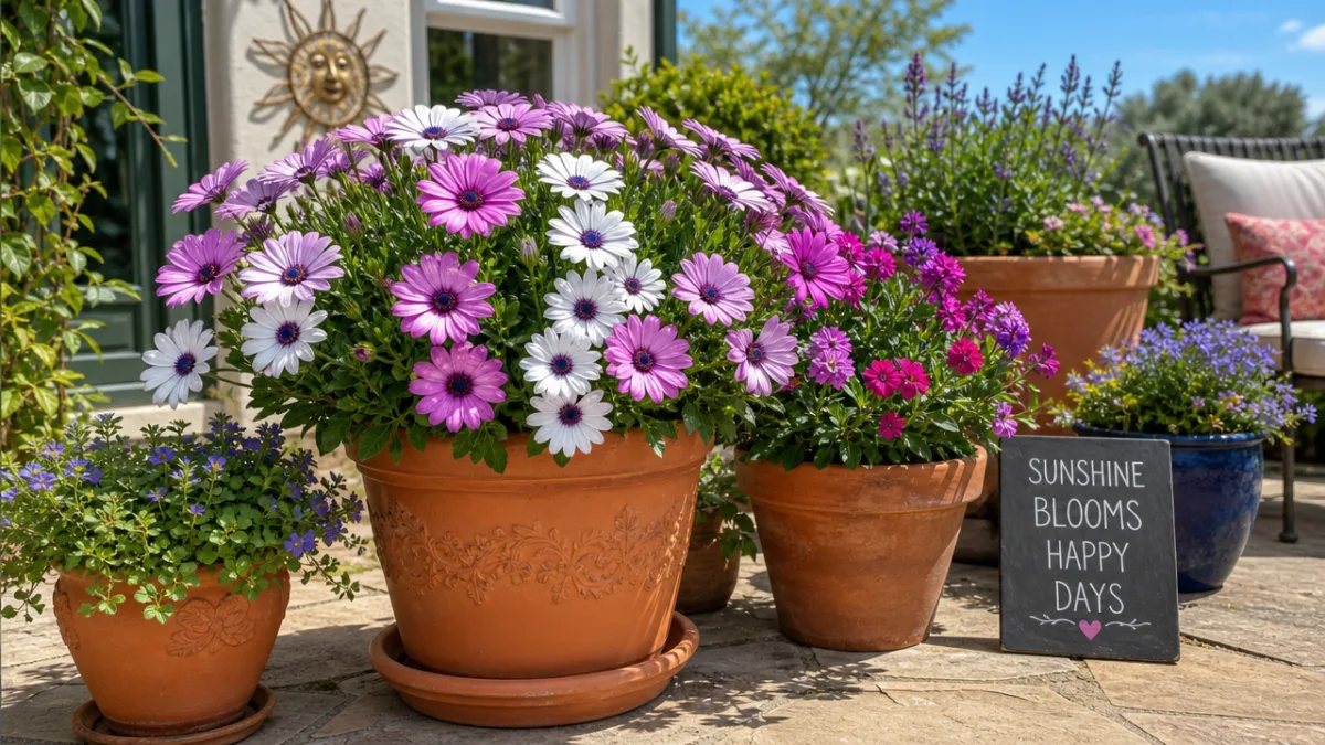 a cheerful container garden on a sunny patio with osteospermum in terracotta…