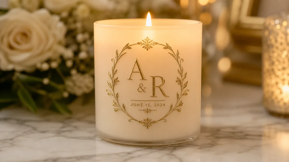 a close-up of an elegant gold monogram wedding candle on a white…