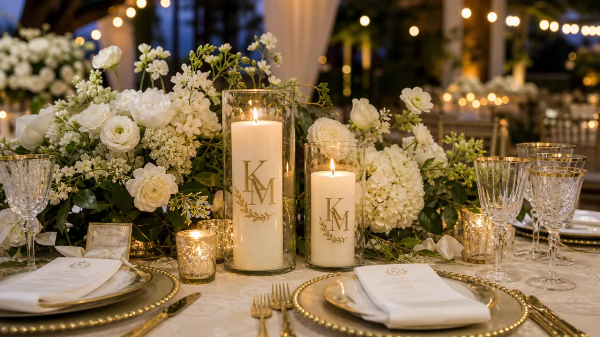 a styled wedding reception tablescape with gold monogram candles amid white florals,…