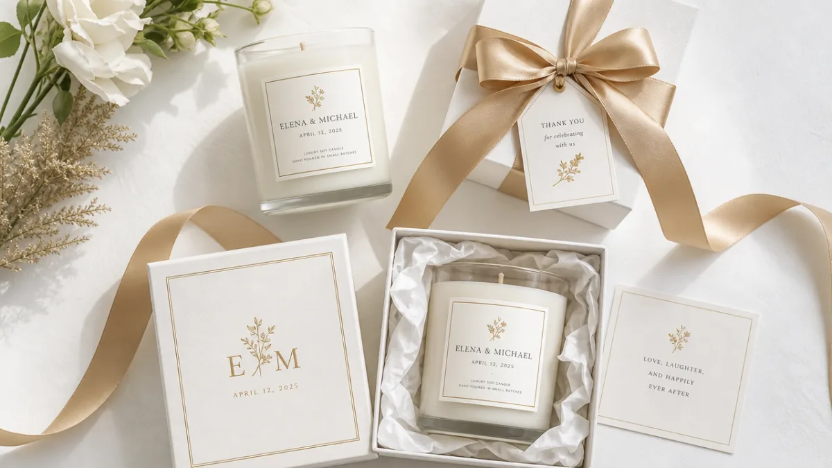a flat lay of luxury wedding candle packaging with gold ribbon, elegant…
