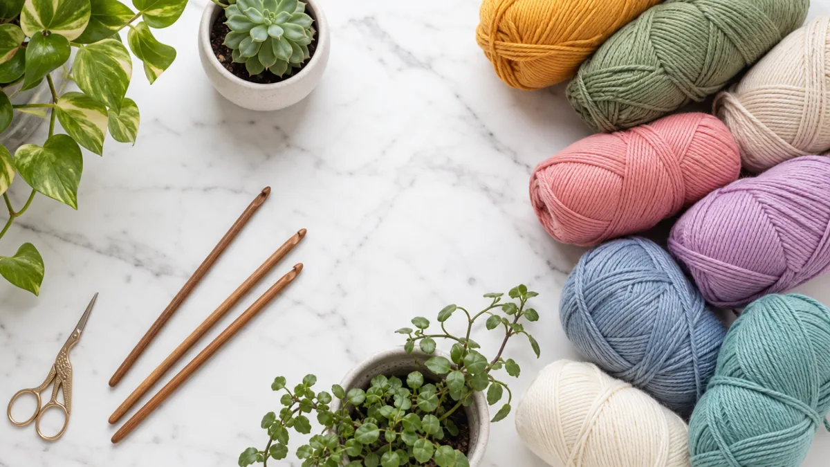 a flat lay of colorful cotton yarn skeins, wooden crochet hooks, and…