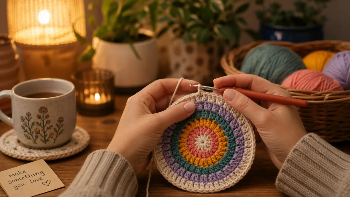 a cozy crafting setup showing hands crocheting a colorful circular coaster, warm…