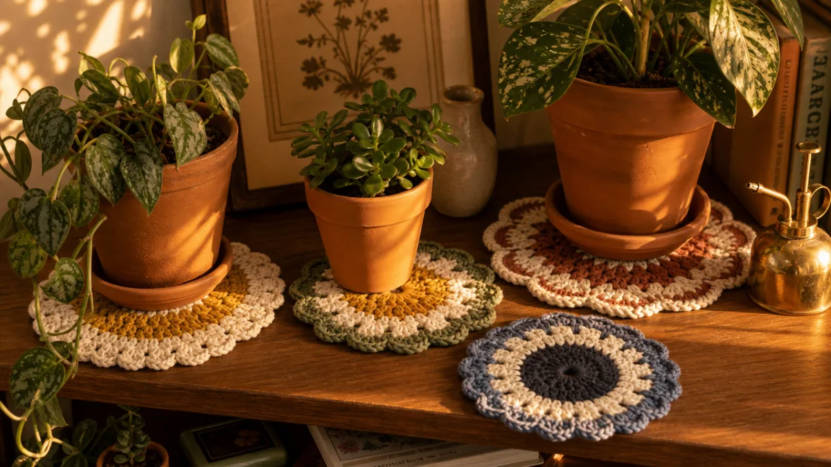 an artful arrangement of finished crochet coasters beneath terracotta plant pots on…
