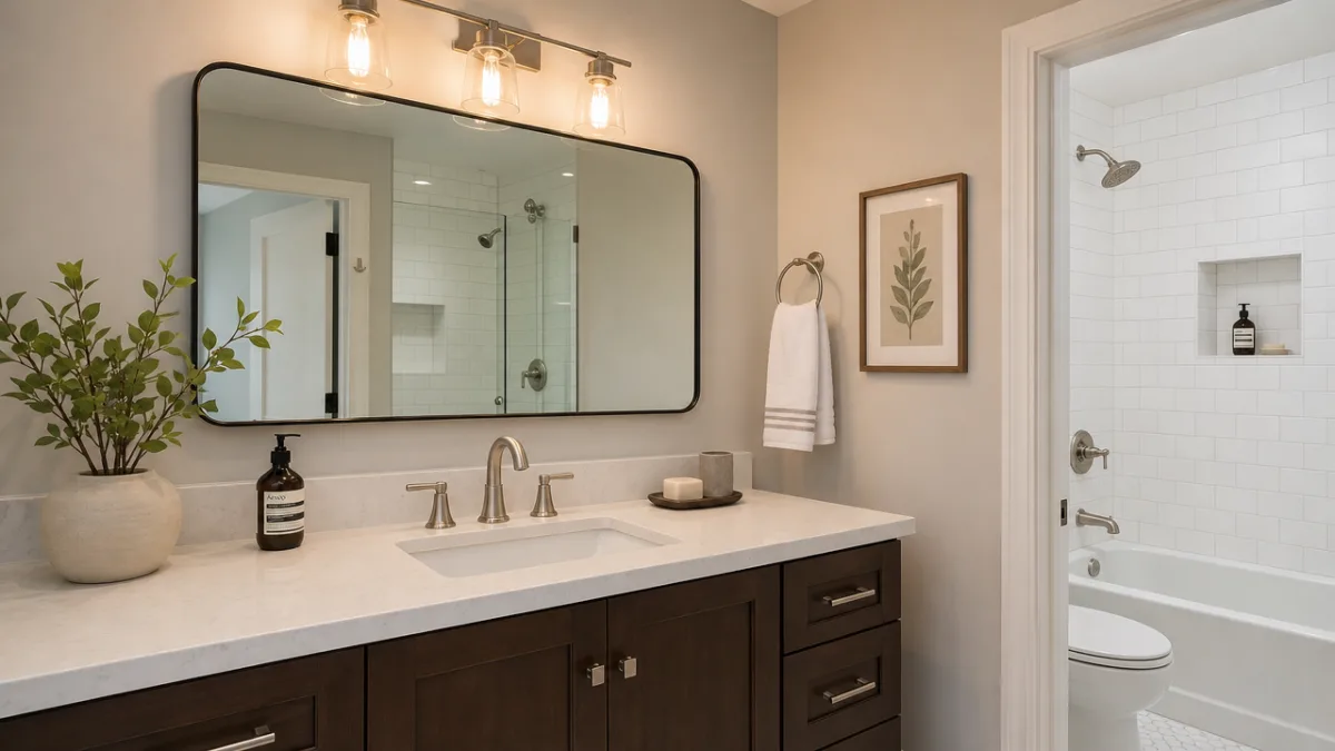 a modern bathroom vanity with brushed nickel fixtures, fresh white tile grout,…