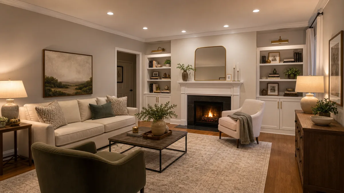 a freshly painted living room with recessed lighting, crown molding, and updated…