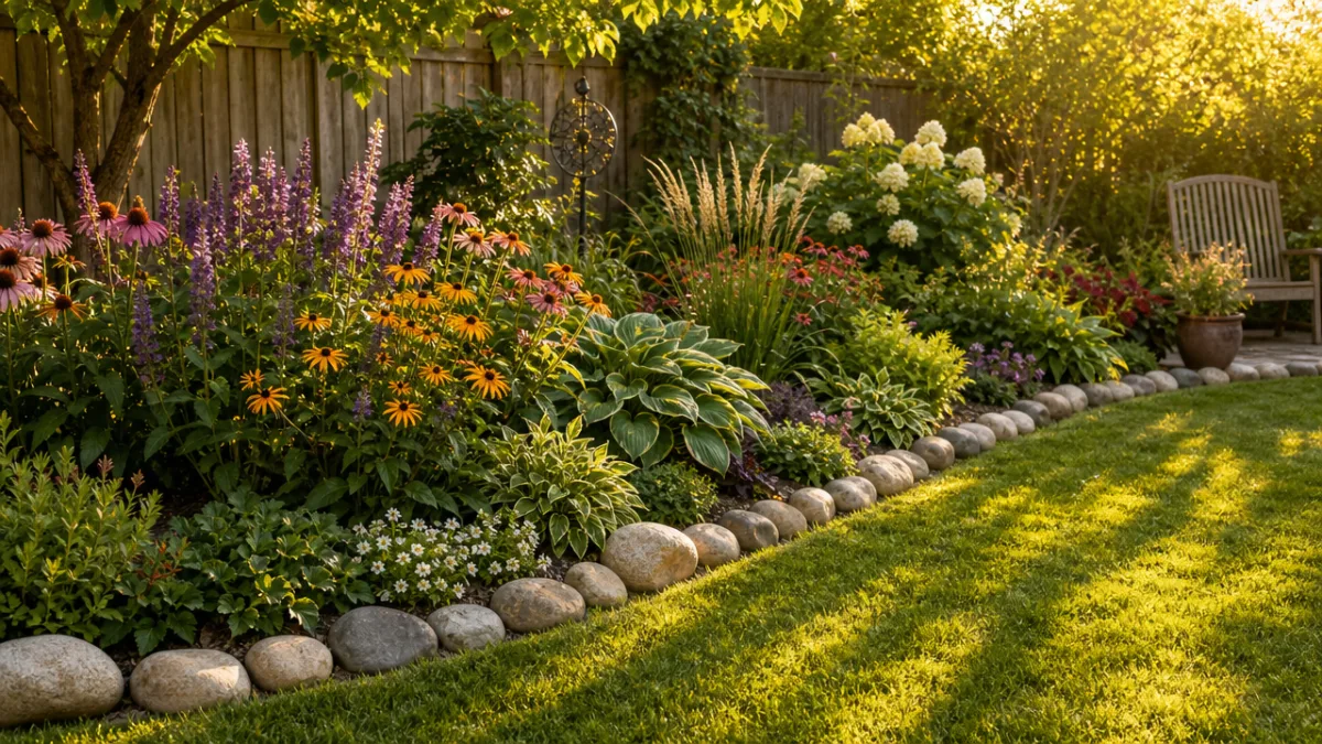a lush garden bed edged with smooth river stones, golden afternoon sunlight…