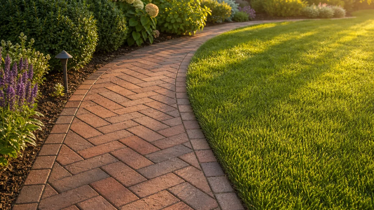 a neatly edged garden path with diagonal brick pavers bordering a green…