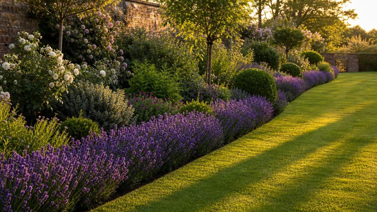 a beautifully maintained garden border with lavender edging and trimmed lawn, soft…
