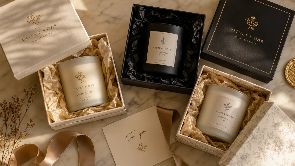 a flat lay of elegant candle gift boxes open on a marble…