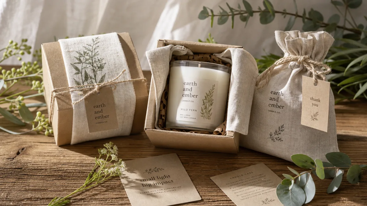 eco-friendly candle gift packaging in kraft and linen on a wooden surface,…