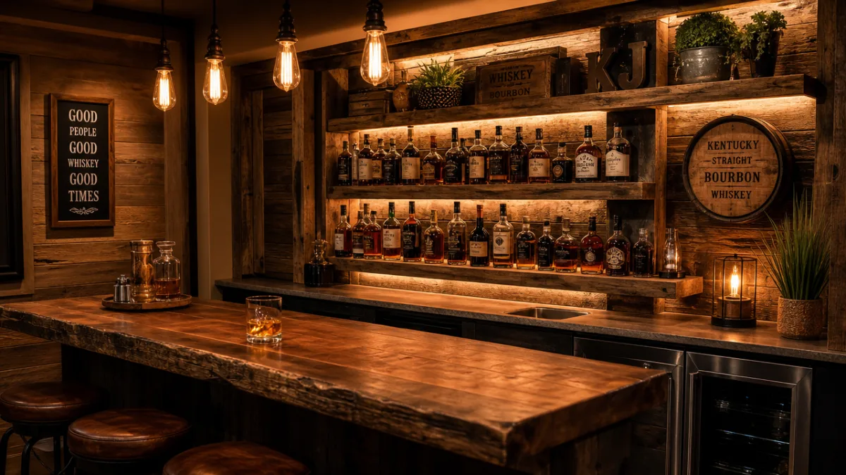a warmly lit rustic home bar with reclaimed wood shelving, Edison bulb…