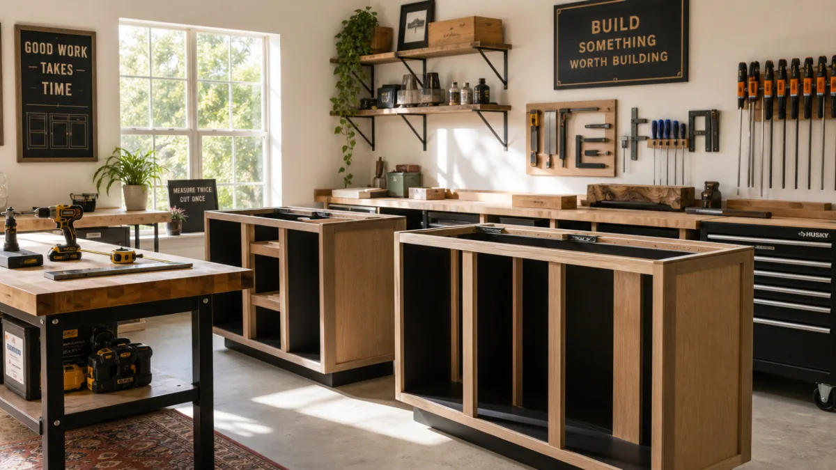 a bright workshop space with bar cabinet frames being assembled, natural light…