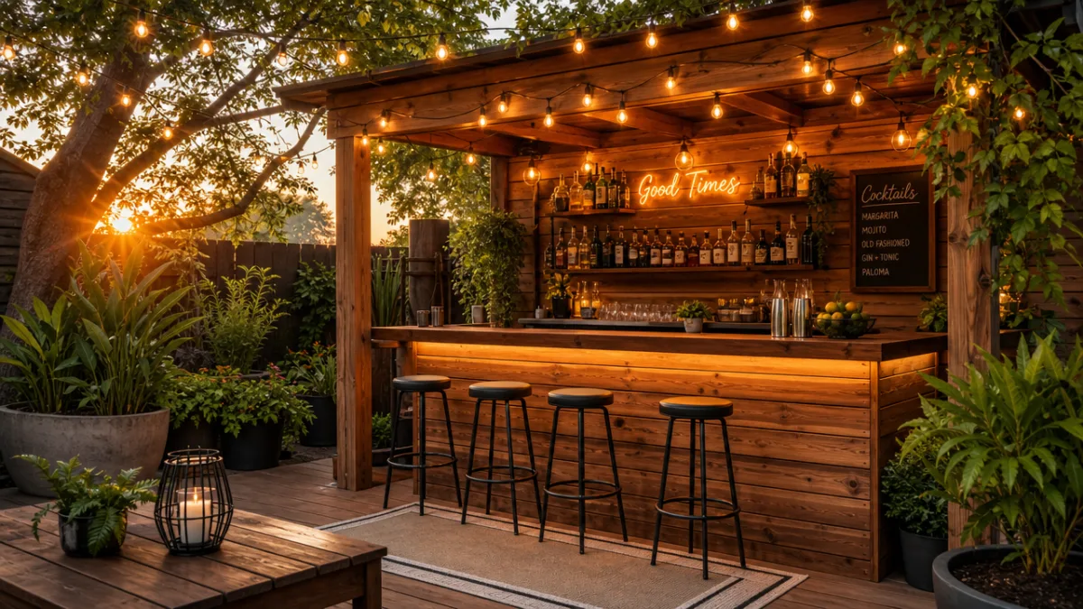 a stylish outdoor patio bar built from cedar wood, surrounded by string…