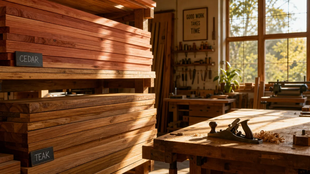 a sunlit woodworking workshop with neatly stacked cedar and teak lumber boards,…