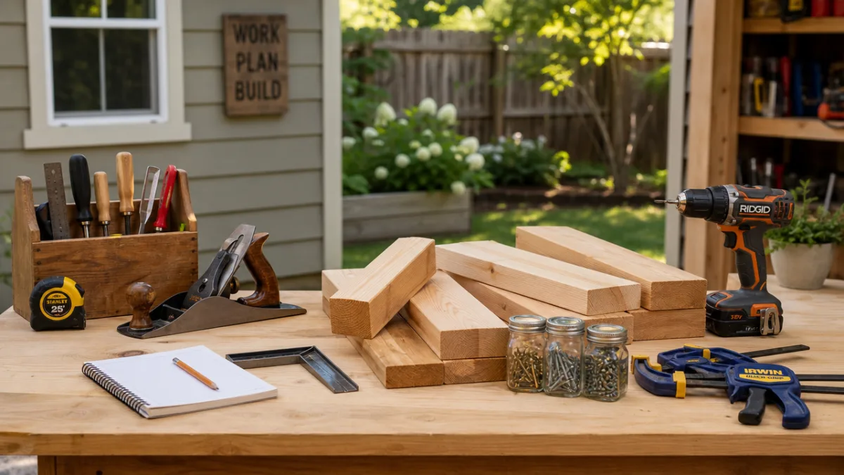 a tidy backyard workshop table displaying woodworking tools, screws, and lumber pieces…