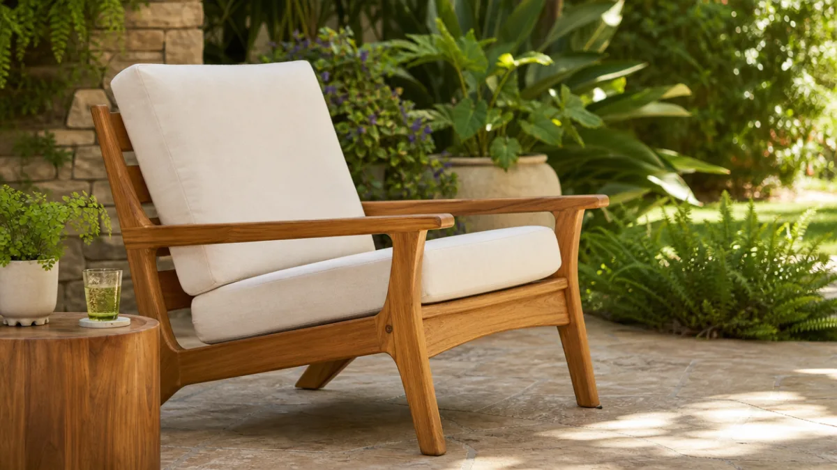 a beautifully finished wooden outdoor lounge chair on a sunlit patio surrounded…