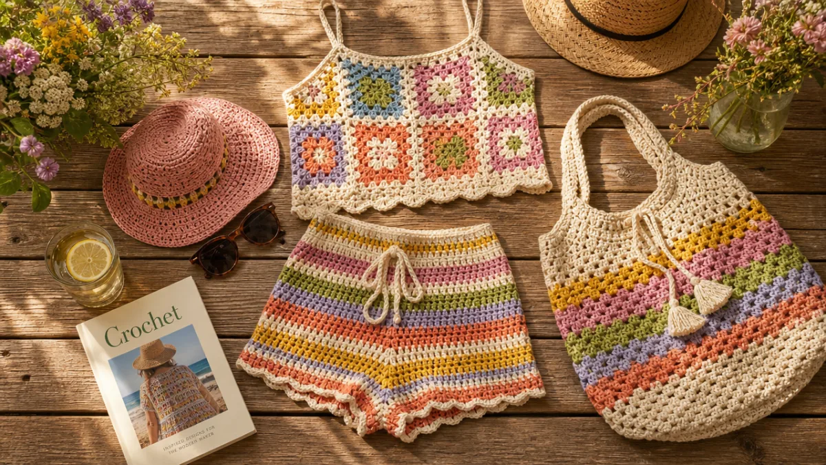 a warm sunlit flat lay of colorful crocheted garments and accessories on…