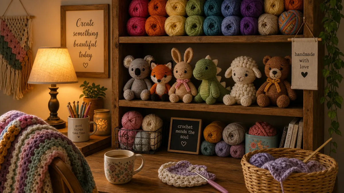 a cozy crafting corner with colorful yarn skeins and crocheted stuffed animals…