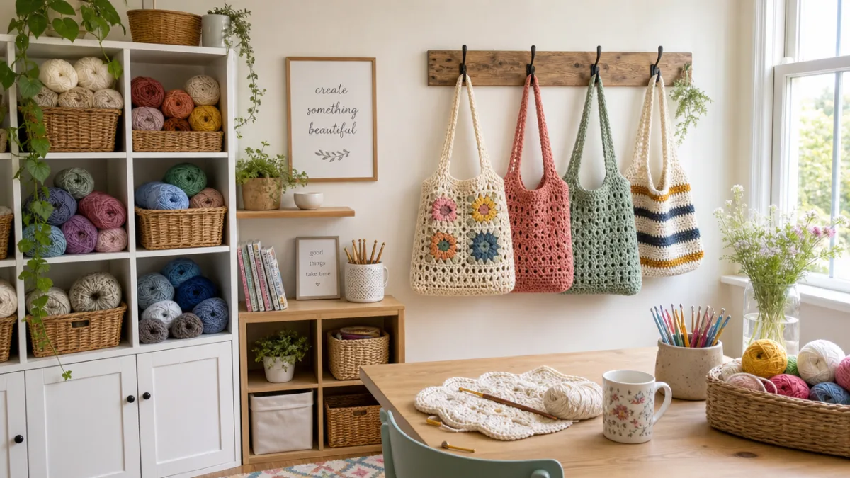a bright organized craft workspace with yarn balls in wicker baskets and…