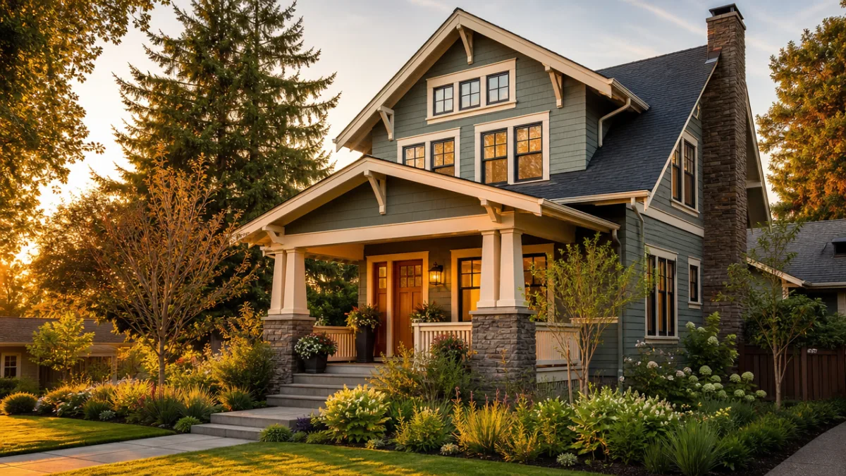 a beautifully renovated craftsman home exterior with lush landscaping, warm golden hour…
