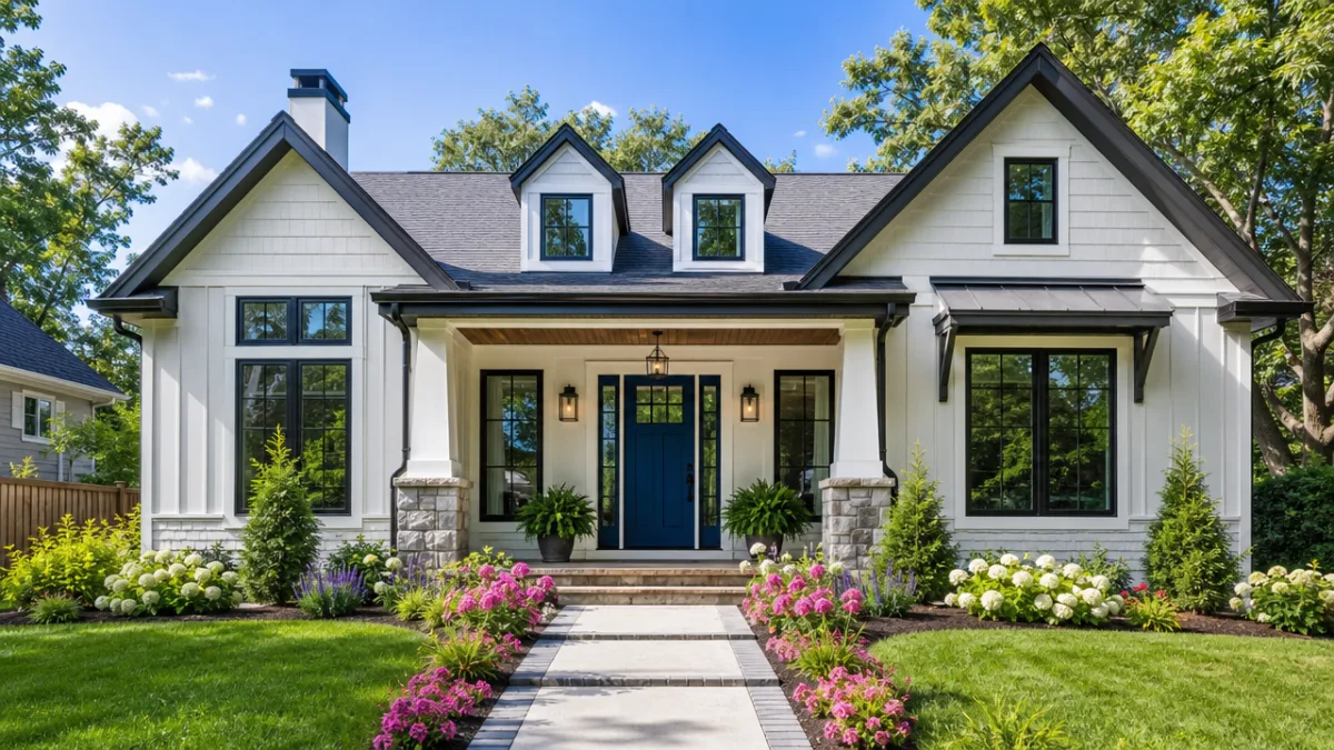 a stunning home exterior after complete renovation, bright midday light showcasing fresh…