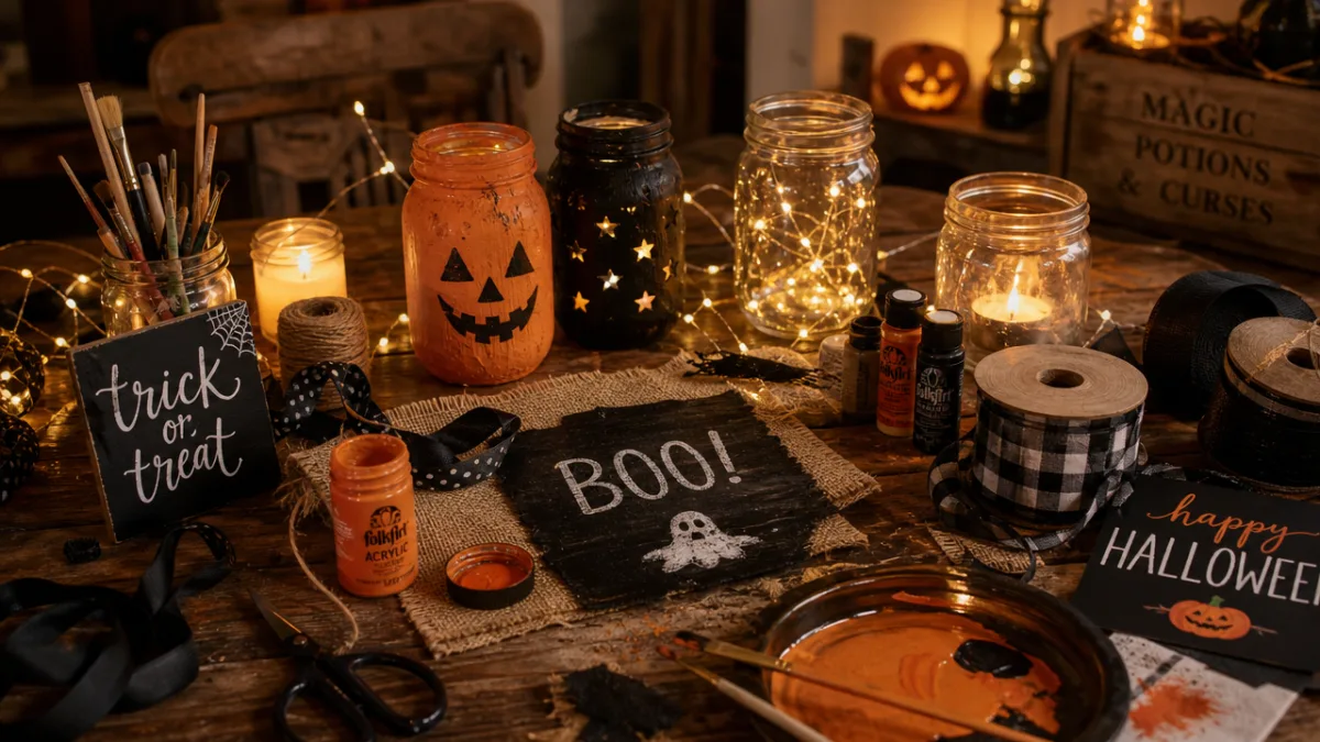a rustic wooden table covered with Halloween craft supplies including orange paint,…
