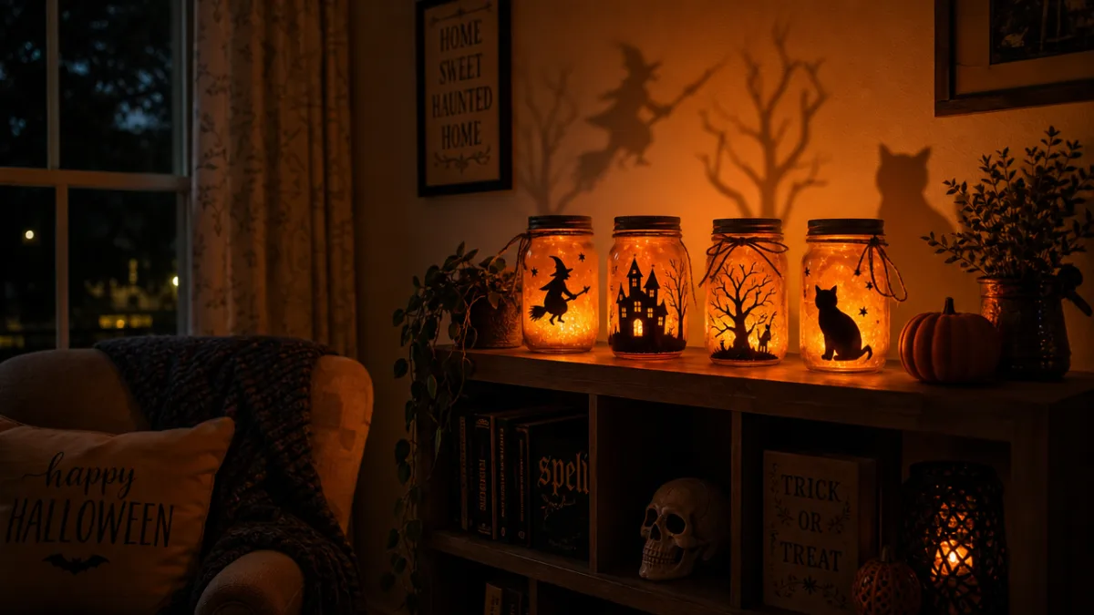 a cozy living room corner at night with glowing orange Halloween mason…