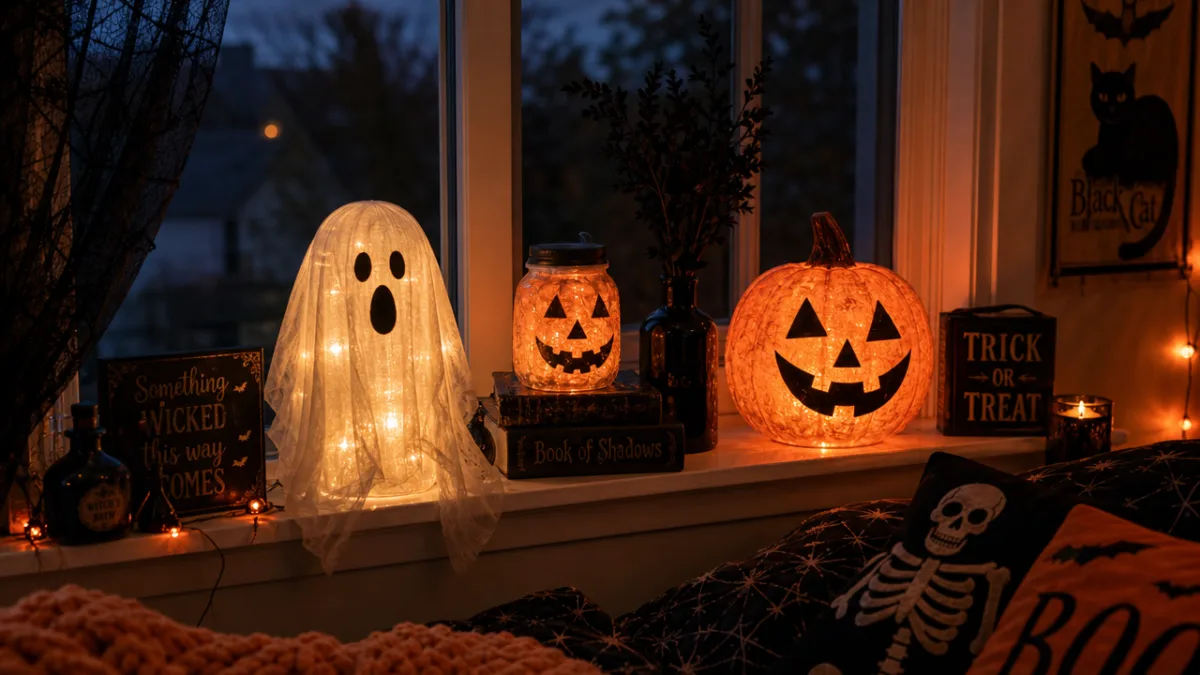 a spooky Halloween bedroom windowsill display featuring glowing ghost and pumpkin DIY…