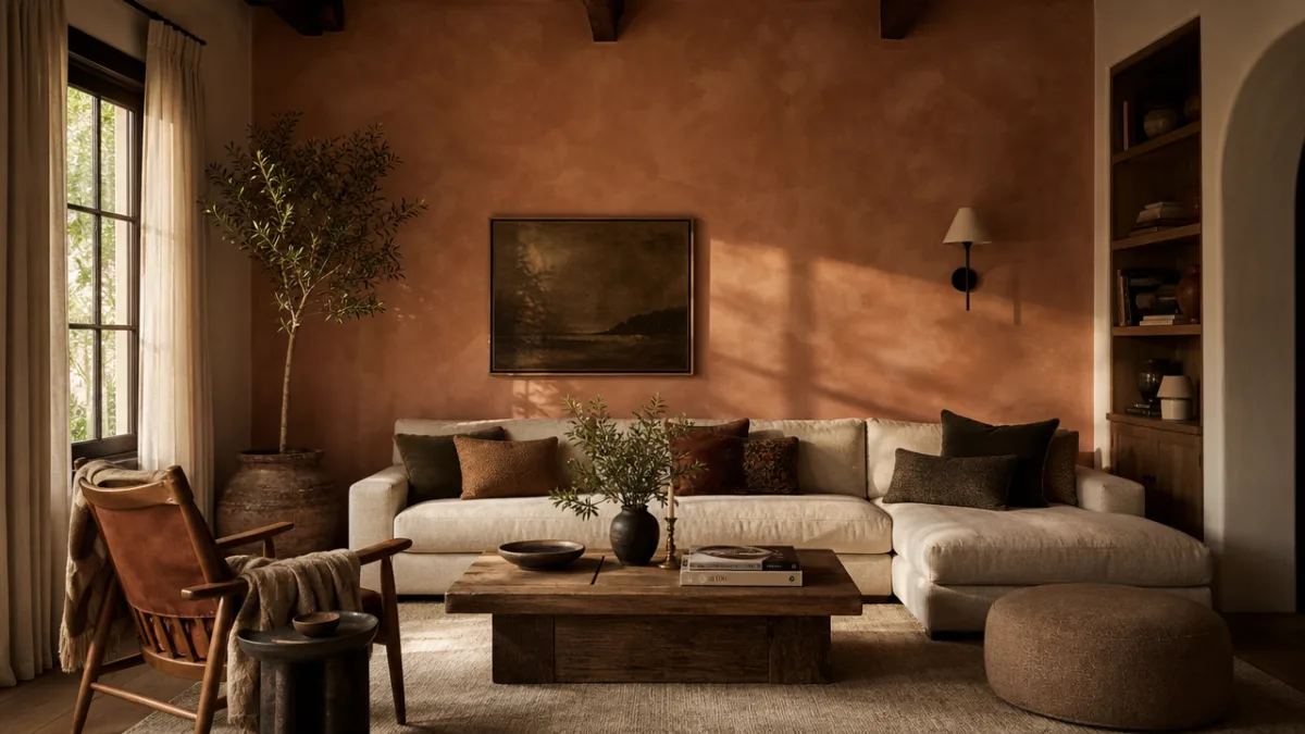 a warm living room with a textured limewash accent wall in soft…
