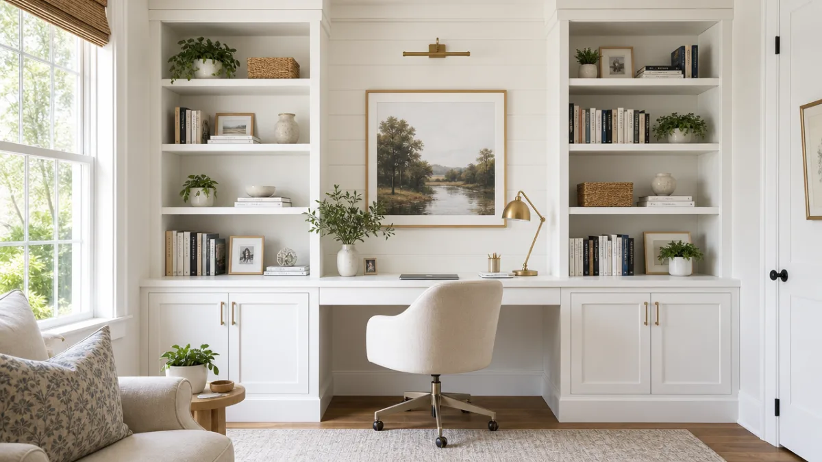 a bright white home office with custom built-in bookshelves flanking a desk,…