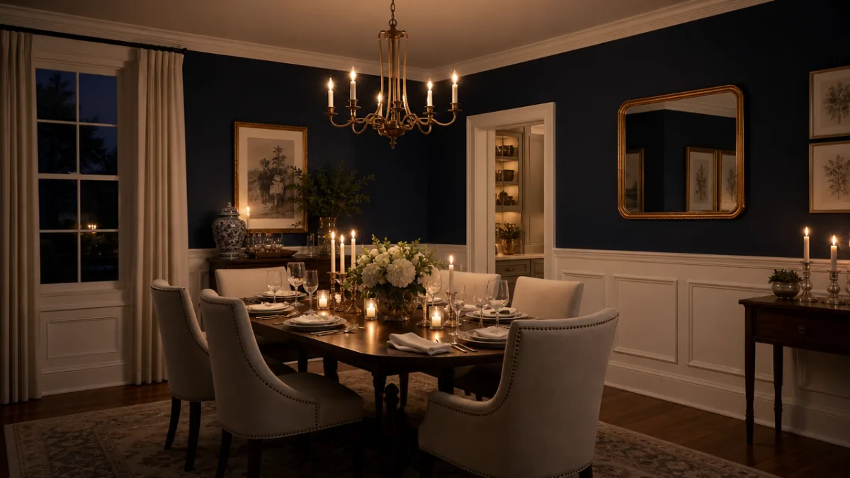 an elegant dining room with white wainscoting panels and a deep navy…