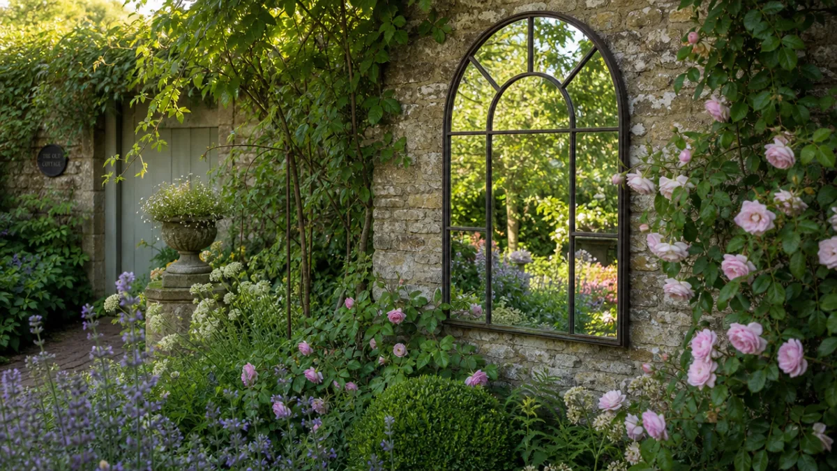 a lush English cottage garden with an arched mirror mounted on a…