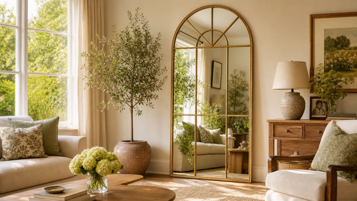 a bright airy living room with a large arched garden mirror beside…