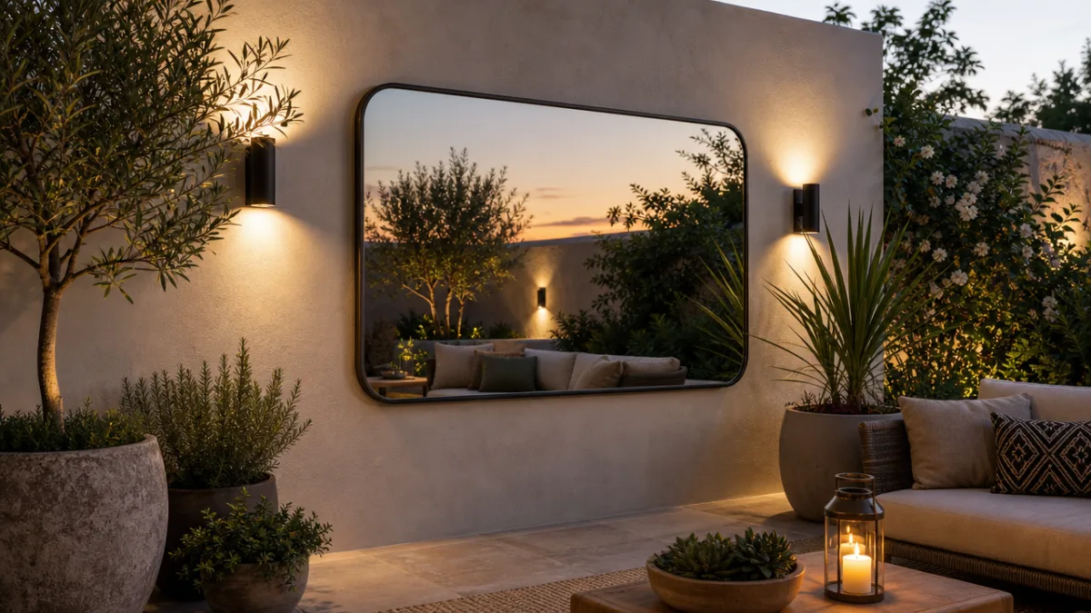 a stylish outdoor patio with a large weather-resistant mirror mounted on a…