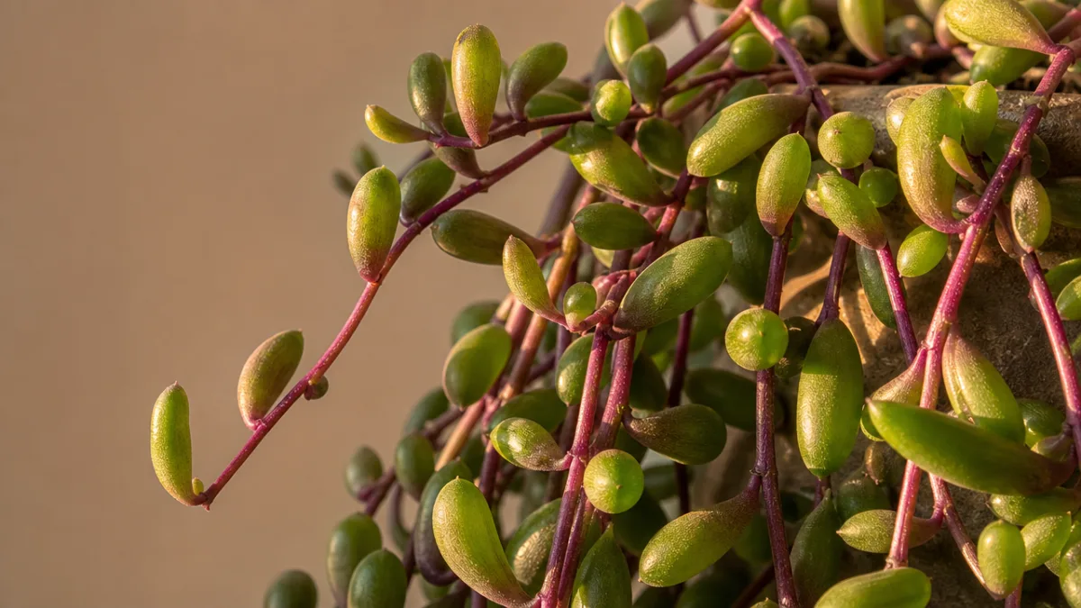 a close-up of Othonna capensis trailing succulent with purple stems and green…