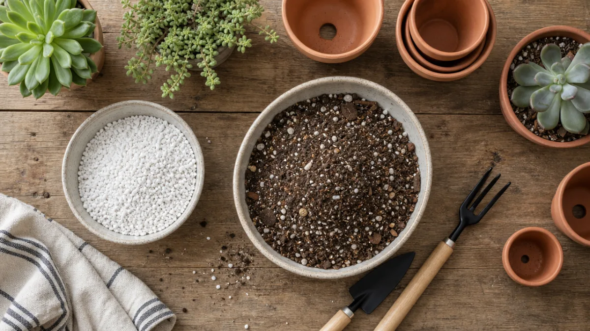an overhead flat-lay of succulent soil mix, perlite, terracotta pots, and gardening…