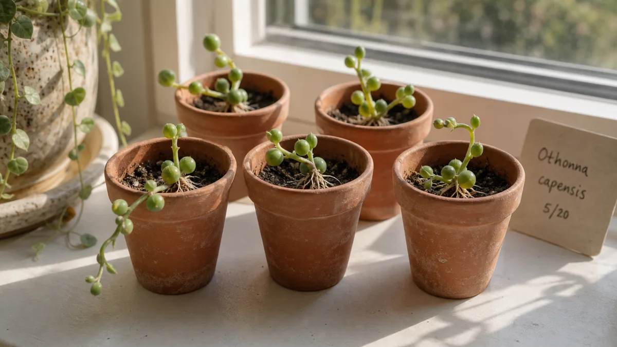 small terracotta pots with Othonna capensis cuttings rooting on a bright windowsill,…