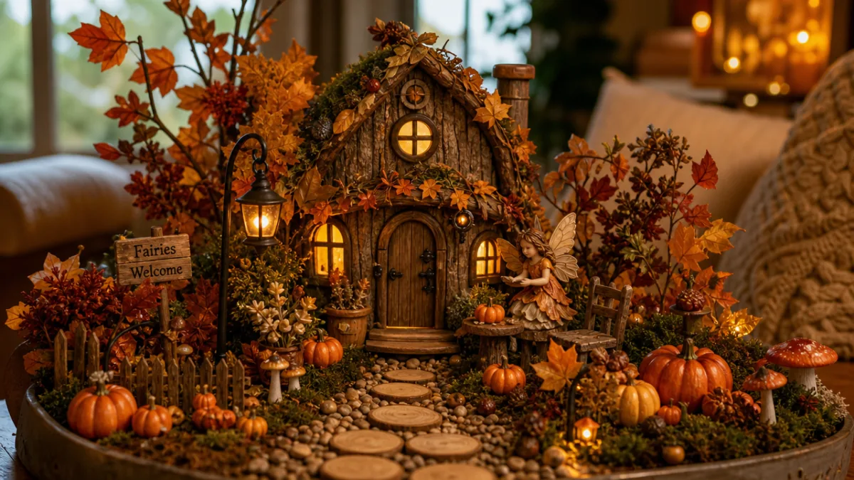 a enchanting seasonal fairy garden with autumn leaves, tiny pumpkins and warm…