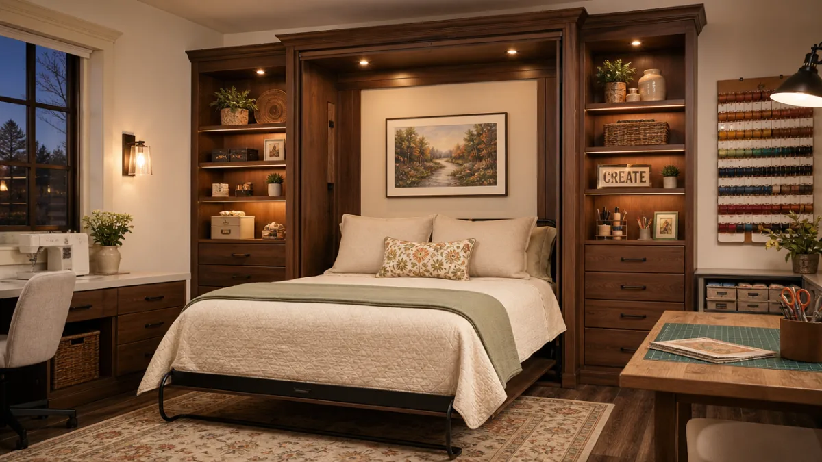a elegant Murphy bed wall unit open in a well-lit craft room,…