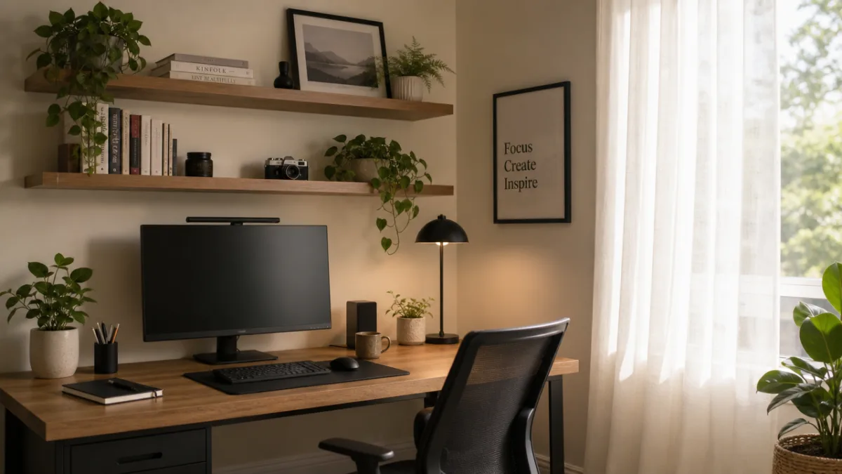 a tidy home office corner with floating shelves, a monitor, and soft…
